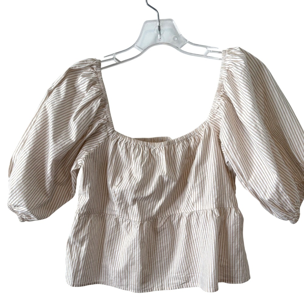 Sim & Sam Brown and White Striped Cotton Puff Sleeve Peplum Top in Size M